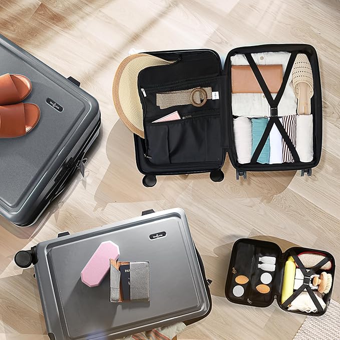 TRAVELARIM Grey Hardshell Luggage Sets 4 Piece, Durable Suitcase Set, Travel Luggage Set with Integrated TSA Lock, 360° Spinner Wheels, Expandable Medium and Large Checked Suitcase, 20/24/28 Inch