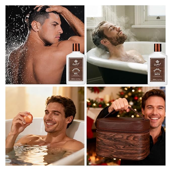 21 Pcs Sandalwood Bath & Body Care Gift Basket Set for Men, Father's Day Gifts for Dad, Men Skin Care Gift Set, Leather Bag, Home Spa Kit, Birthday,Anniversary, Christmas, Boyfriend