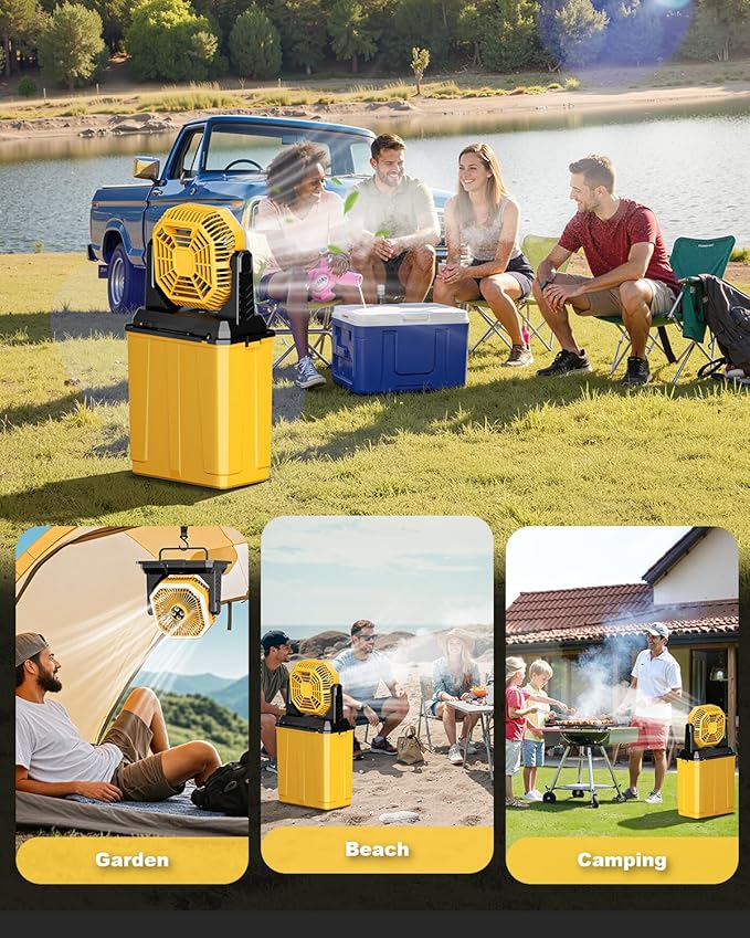 Orteen Portable Misting Fan, 24000mAh Rechargeable Outdoor Cooler, Battery Operated Personal Fan with3 Speeds & 8L Bucket for Patio, Camping,Hiking, Backyard, Travel, Desk,Pool, Beach, Yellow