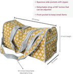 ATOSII Handblock Print 100% Cotton Large Quilted Duffle Bag for Overnight Trip, Travel Weekend Bag, Luggage, 2 Pockets with Zipper, 1 Front Pocket, Detachable Long Strap, 20 X 10 X 12 Inches, Flax