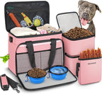 6 Set Dog Travel Bag, Large Pet Supplies for Dogs, Includes 2 Collapsible Dog Bowls, 2 Food Containers, 1 Treat Pouch with Pet Travel Bag, Pink