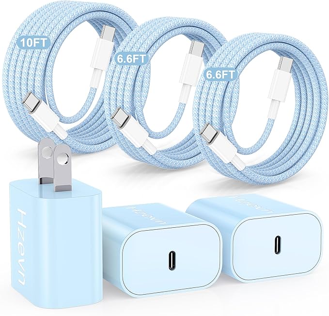 Hzevn 20W USB C Fast Charging for iPhone 17 Air/16/15 Pro Max,3Pack Colorful Mixed Charger Block with Braided Long USB C to C Cables (6/6/10ft) Compatible with iPhone16/15 Pro/15 Plus/iPad Pro