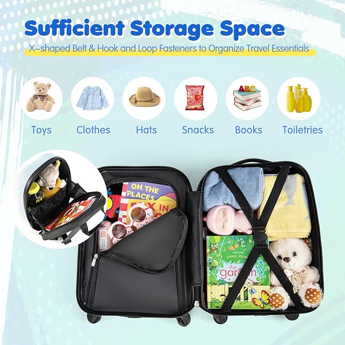 BABY JOY 2 Pcs Kids Luggage Set, 16" Toddlers Carry-on Suitcase & 12" Backpack Set, Children Travelling Case w/ 4 Casters, Retractable Handle, Lightweight Trolley Case for Boys Girls (Little Cars)