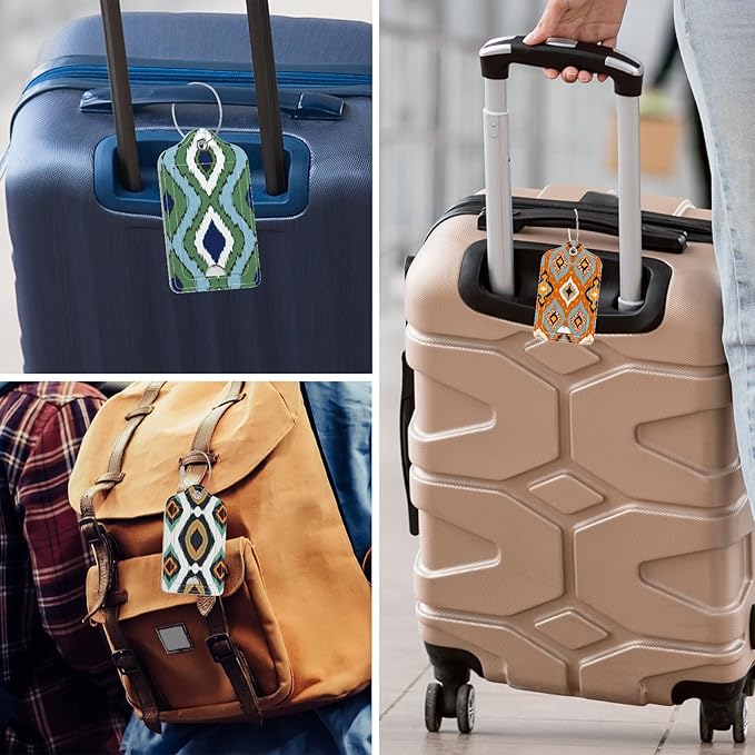 Rimilak 3 Pcs PU Leather Luggage Tags for Suitcase, Travel Cruise Luggage Tag with Privacy Flap, Name ID Label and Metal Loop for Women Men Baggage Handbag School Bag Backpack, Abstract Diamond
