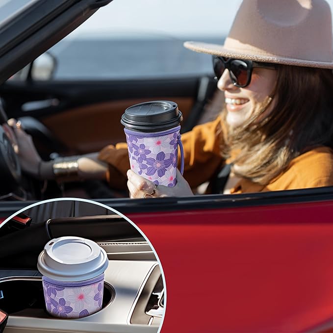 KJQJLY 3 Pack Reusable Iced Coffee Sleeves for Iced Coffee Cups or Drinks Reusable Neoprene Insulated Sleeves for Hot and Cold Drinks from Starbucks, Dunkin, And More (Little Purple Flowers)