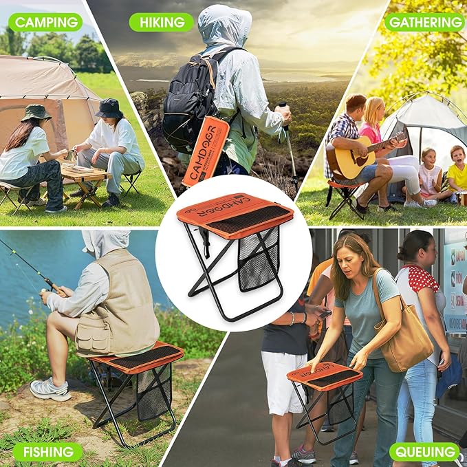 CAMDOOR Portable Collapsible Stool, 16″Folding Stool with 3 Side Pockets and Shoulder Strap, Extra Large Camping Chair Supports 400 lbs, Ultralight Portable Seat for Outdoor, Hiking, Fishing (Orange)