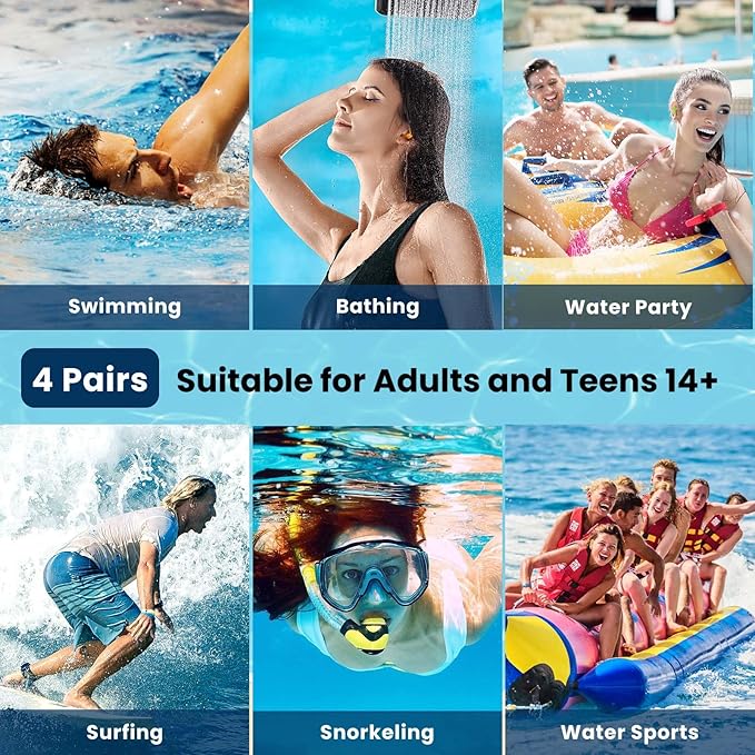Waterproof Swimming Ear Plugs for Adults - 4 Pairs Reusable Silicone Ear Plugs for Swimming Women & Men, Keep Ear Water Out, Showering, Bathing, Surfing, Water Sports