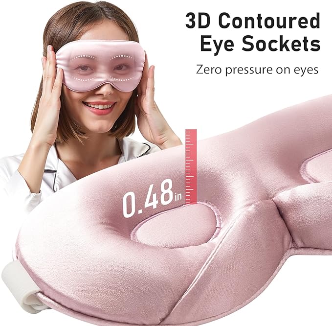 LitBear 100% 22 Momme Mulberry Silk Sleep Mask - 3D Contoured Eye Mask for Men Women, Soft Breathable Sleeping Mask with Adjustable Strap, Perfect Blocks Light for Sleeping (Light Pink)
