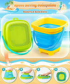 DUDUCOFU Collapsible Beach Sand Toys for Kids Toddlers, Collapsible Sand Bucket with Sifter Shovels Set with Mesh Bag and Sand Molds, Travel Beach Sandbox Toys for Boys Girls 3 4 5 6 7 8 9 10