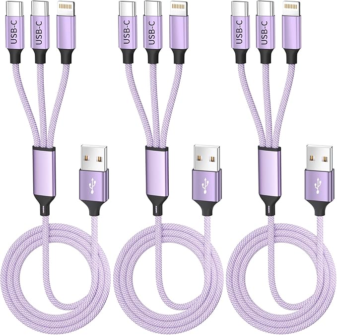 3Packs 4FT Multi Charging Cable with 2 USB-C/IP Port, Purple Charging Cords for Multiple Devices, USB C Splitter Cable, Multiple Charger Cord Travel Car Charger for iPhone17-8, Androids iPad and More
