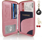 RFID Blocking Passport Wallet, Anti Theft PU Leather Passport Pouch with Tracker Case, Travel Document Organizer Zipper Wallet with Wrist Strap, Gifts for Women and Men (Pink)