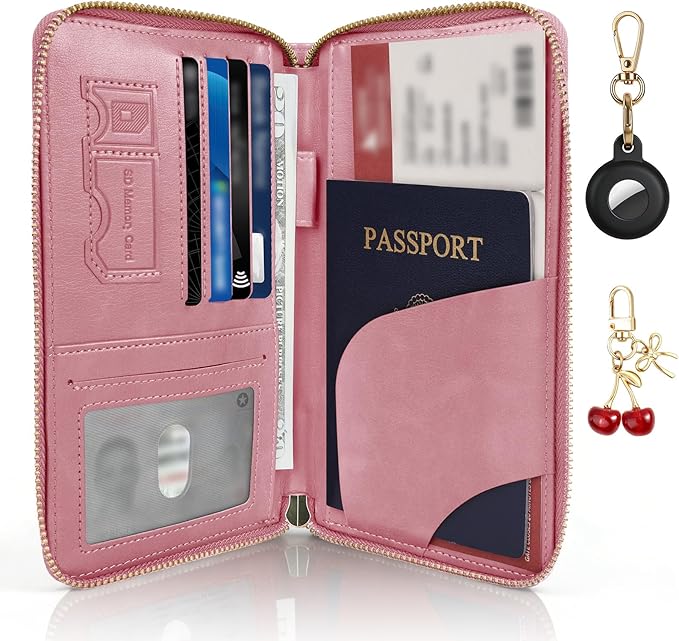 RFID Blocking Passport Wallet, Anti Theft PU Leather Passport Pouch with Tracker Case, Travel Document Organizer Zipper Wallet with Wrist Strap, Gifts for Women and Men (Pink)