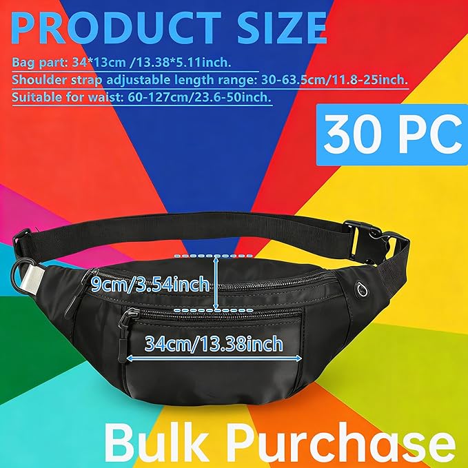 30PCS Crossbody Fanny Pack Bulk,Large Capacity Waist Bag with 4-Zipper Pockets Adjustable Strap Fanny Packs Waterproof Oxford Cloth Travel Belt Bag for Outdoor Shopping Travel Men Women,Black