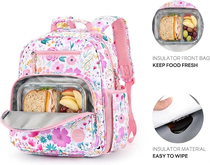 mibasies Kids Backpack for Girls: Girls Backpack 5-8 - Kindergarten Elementary School Bookbag for Girl - Flower Pink