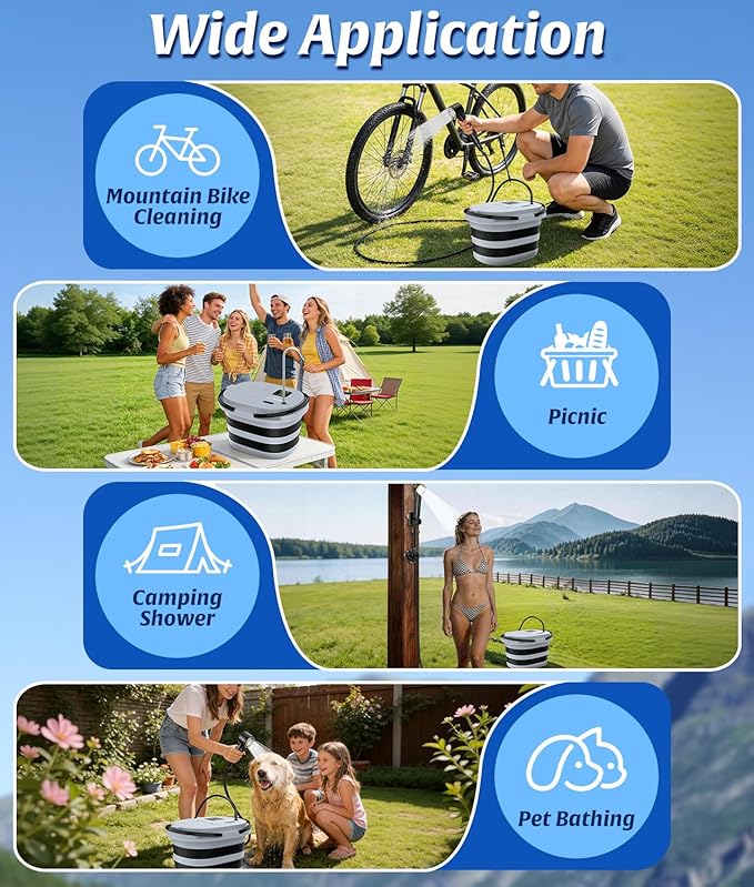 WADEO Portable Shower for Camping with 20L Bucket, 13000mAh Rechargeable Camping Shower with Intelligent LED Display & °F/°C Switch, 5 Speeds Modes, IPX8 Waterproof Portable Shower for Hiking, Travel