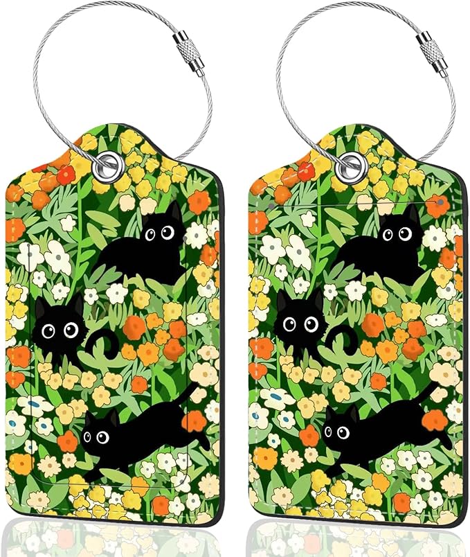 2Pack Luggage Tags for Suitcases, Cute Unique Pu Leather Cruise Luggage Tag with Privacy Cover ID Label Address Card and Metal Ring Suitable for Women Men Kids Travel Bag Flowers and Three Cats