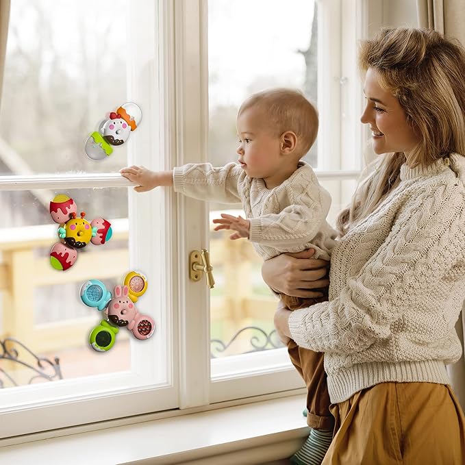 LiKee Strong Suction Cup Fidget Rotating Sensory Bath Toys for Baby Christmas Stocking Stuffers, Airplane Car Travel Table & Window Toys for Toddler Boys and Girls, 10+ Months