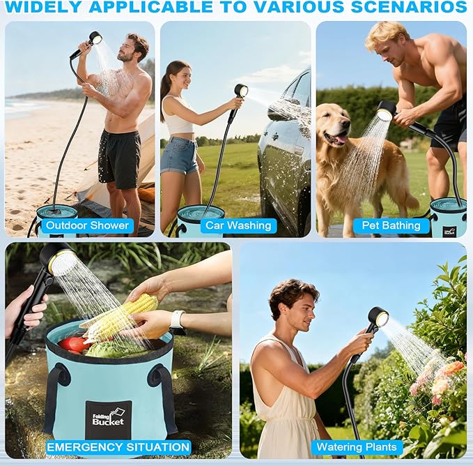 Upgraded Camping Light Portable Shower, 5 Pressure Levels Rechargeable Camping Shower Pump with 20L Foldable Bucket & Intelligent LED Display, 6000mAh Outdoor Shower for Camping Hiking, Travel, Car