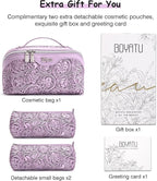 BOYATU Travel Makeup Bags Cosmetic Organizer Bag: 3 Pcs Set Large Capacity Floral Make up Bag with Compartments - Waterproof Leather Toiletry Bags with Handle for Women (21-Purple)