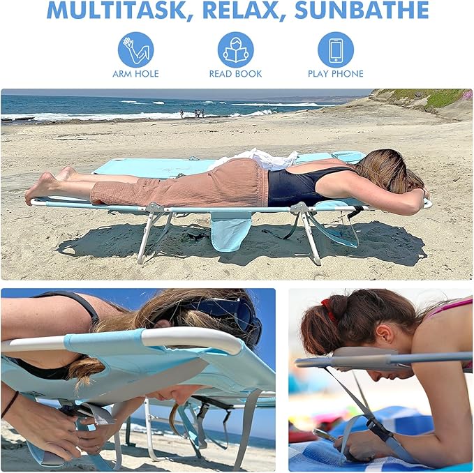 Backpack Beach Tanning Chair with Canopy and Face Hole, 6-Position Folding Lay Out Lounge Chair, UPF 50+ Wind-Resistant Sun Shade, Portable Recliner for Sunbathing, Outside, Poolside, Lawn, 2 Pack