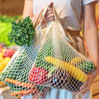 Woanger 24 Pcs Reusable Cotton Mesh Produce Shopping Bags Washable Grocery Net Portable Fruit and Vegetable Cotton String Bags Long Handle Net Tote Organizer(Short Handle)
