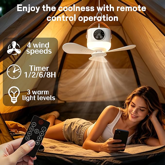 Battery Operated Ceiling Fan&desktop fan 11" PortableCamping RV Tent Fan with Light & Remote - Hanging & desktop Rechargeable Remote Fans for Gazebo Patio Canopy BeachDormitory Bedroom