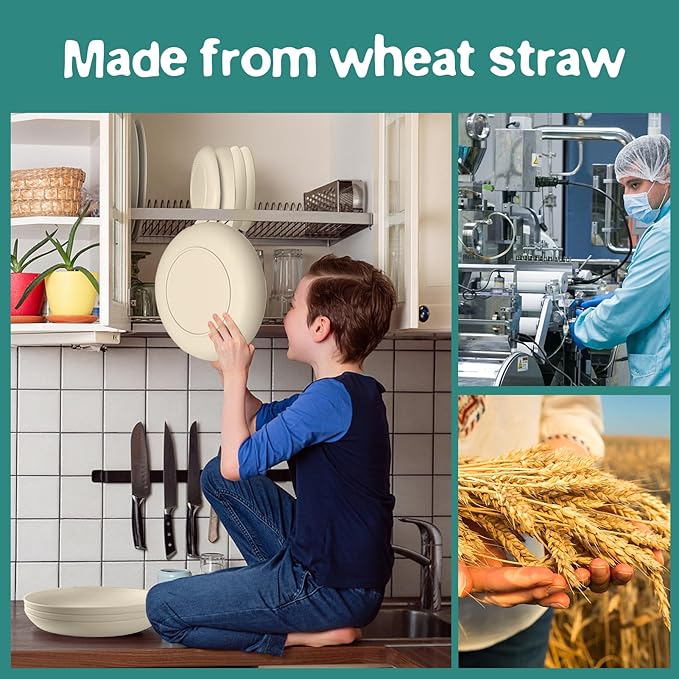 Teivio 32-Piece Kitchen Plastic Wheat Straw Dinnerware Set, Service for 8, Dinner Plates, Dessert Plate, Cereal Bowls, Cups, Unbreakable Plastic Outdoor Camping Dishes, Beige