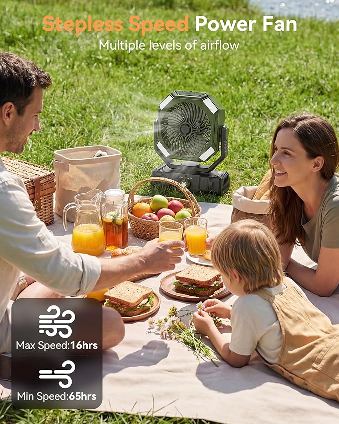 USONE Misting Fan, Portable Camping Fan Rechargeable, 20000mAh Battery Powered Fan for Camping with Light, Remote & Timer, Hanging Tent Fan with Hook for Outdoor fishing, Travel, Work,Olive Green