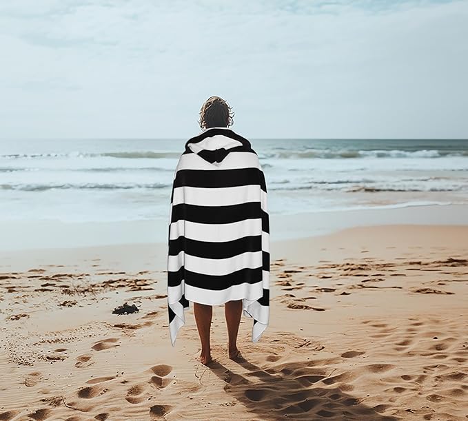 COTTON CRAFT Hooded Beach Towel – Oversized 39 x 68 Towel with Hood for Adults - 100% Ringspun Cotton Velour Terry Towel - 450 GSM Super Soft Plush Absorbent Quick Dry Bath Wrap – Cabana Stripe Black