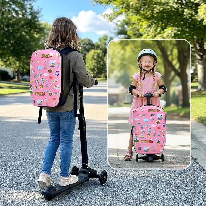 smilesun 4-in-1 Detachable Scooter Luggage for Kids & Teens, Foldable Hardside Ride On Suitcase with LED Wheels, Stylish and Safe Design(Pink)