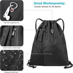 BeeGreen Mix Black Drawstring-Backpack-Gym-Bag, Large Sports Bag For Women W Water Bottle Pocket &Front Zippered Pocket, String Sackpack For Traveling Yoga Beach Outdoor