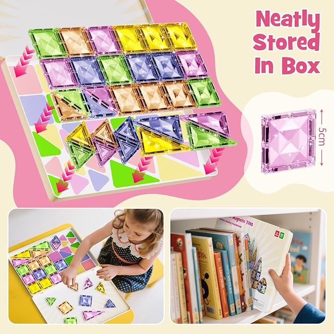Magnetic Tiles for Kids Ages 4-8, Magnetic Blocks Travel Set with Diamond Surface & Metal Storage Box, 60PCS STEM Learning Toys, Educational Building Gifts for 3-8 Year Olds
