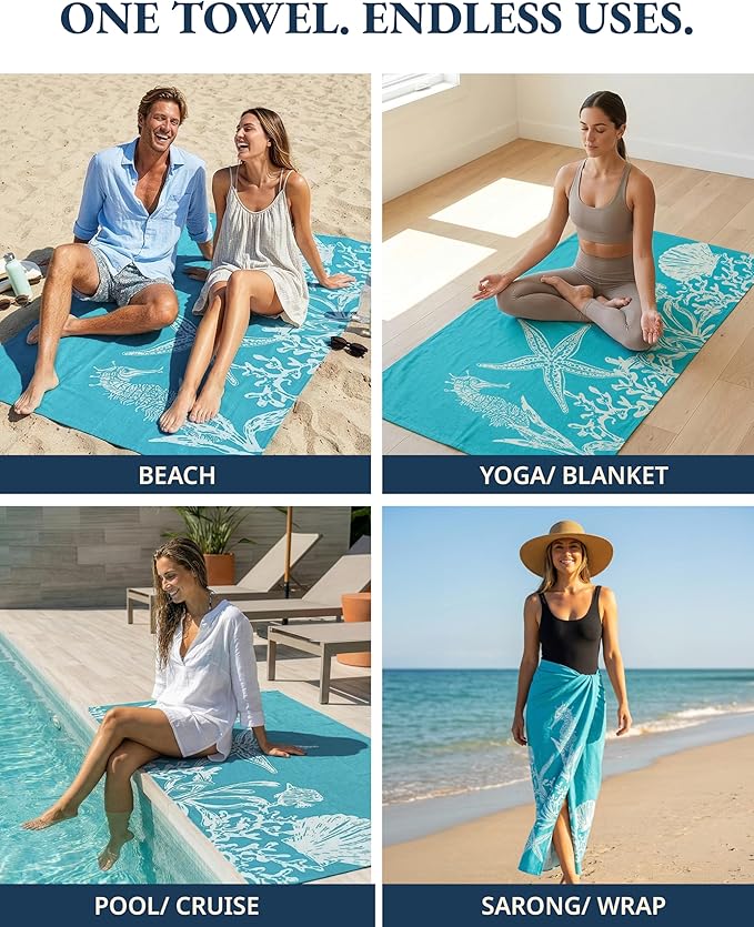 LANE LINEN 2-Pack Oversized Beach Towels, 39"x71" – Quick-Dry, Sandproof & Absorbent – Lightweight Travel Essentials for Pool or Shore – Starfish Serenade