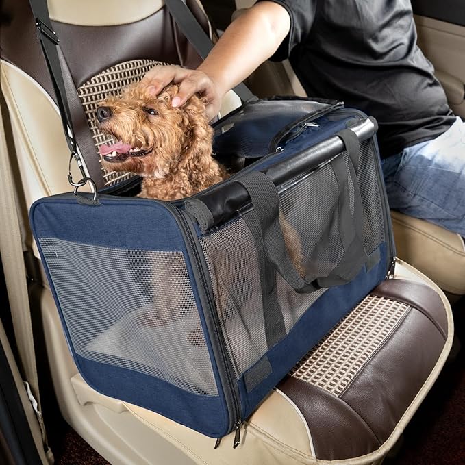 GAPZER Medium Cat Carrier Large Cat 15 lbs+ Soft Pet Carrier Small Puppy/Ventilated 2 Kittens Car Travel Bag Case/Comfy Big Maine Coons 25 Pounds/Soft-Sided Mesh Kitty Products Dark Blue