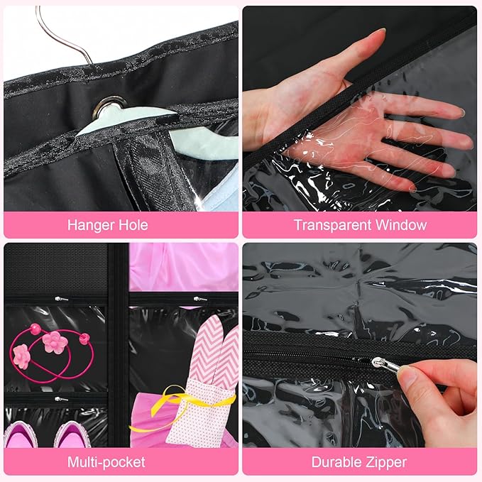 Woanger 6 Pcs Garment Bags for Dance Costumes Clear PVC with Zippers Garment Bag with Pockets Dance Costume Organizer Carrier for Storage Cover for Adult(Black,20'' X 40'',24'' X 50'',24'' X 60'')