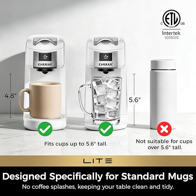 CHULUX Lite Single Serve Coffee Maker for K Cup Capsules, Single Cup Reservoir Coffee Maker with One Touch Brewing, 5 to 12 Oz Brew Sizes, Designed Specifically for Standard Mugs, White