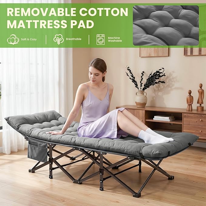 Camping Cot, Folding Camp Cot for Adults, Portable Outdoor Cot with Carry Bag & Mattress, Fast Setup, Lightweight Compact Bed for Travel, Home Office Nap (Grey)