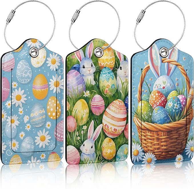 3 Pack Cute Easter Eggs Luggage Tags for Suitcase Bunny Daisy PU Leather Travel Luggage Tag Privacy Cover ID Label for Women Men Baggage Backpack Handbag School Bag