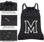 HOLYLUCK Drawstring Bags Initial Backpack Sackpack Cinch Bags for Sports, Gym, Travel, Beach (Black-M)