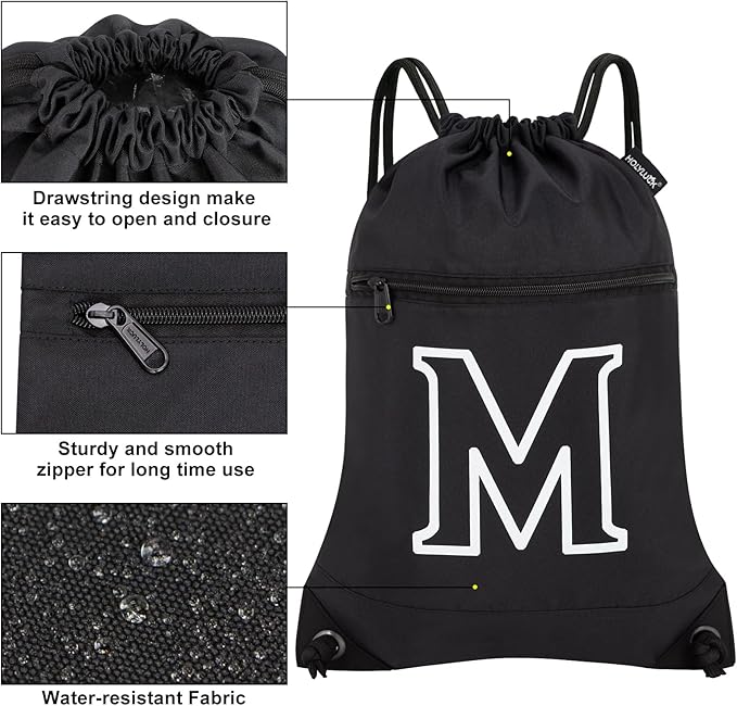 HOLYLUCK Drawstring Bags Initial Backpack Sackpack Cinch Bags for Sports, Gym, Travel, Beach (Black-M)