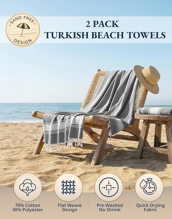 LANE LINEN Beach Towel, 2 Pack Beach Towels Oversized, 39"x71", Quick Dry Pool Towels for Adults, Absorbent Sandproof, Lightweight Travel Beach Towel - Alloy