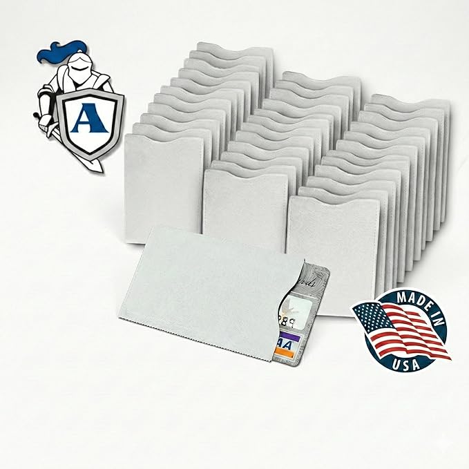 100x BULK LOT RFID Blocking Sleeves Credit Card Protectors 100% MADE IN USA - Anti-theft for Travel wallet, purse. ArmorShield Your Identity