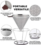Pour Over Coffee Dripper - 304 Stainless Steel Filter, Paperless & Reusable Dual-Layer Metal with Base, 800 Mesh Steel Cone Filter, for 1-6 Cups Brew Coffee Maker (Brown)