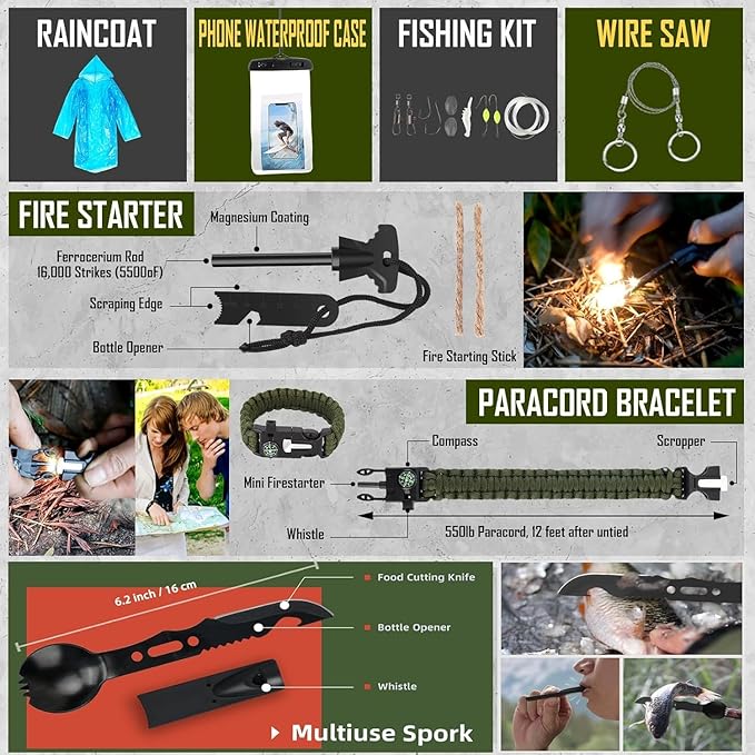 Survival Kit, 268 Pcs Emergency Survival Gear and Equipment Supplies with First Aid Kit, Camping Axe, Headlamp, Crossbody Bag for Camping Hiking, Hunting, Gift for Christmas Men, Dads, Black Como