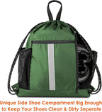 BeeGreen Green Drawstring Bag Gym Cinch Backpack w Shoe Compartment and Two Side Pockets Machine Washable Sports Sinch Sack String Sackpack for Swim Equipment Beach Travel