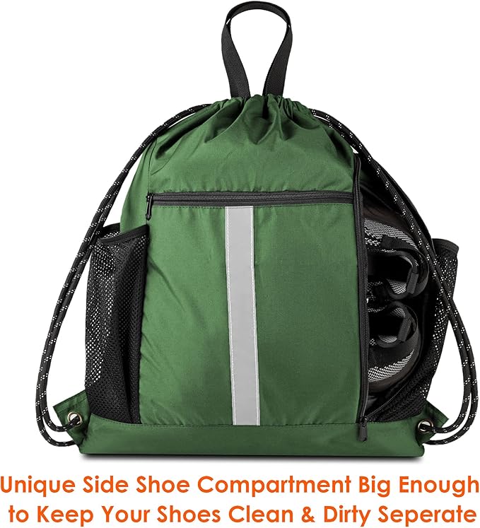 BeeGreen Green Drawstring Bag Gym Cinch Backpack w Shoe Compartment and Two Side Pockets Machine Washable Sports Sinch Sack String Sackpack for Swim Equipment Beach Travel
