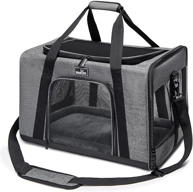 Wakytu Pet Carrier for Small Cats Dogs, Dog Carrier Travel Bag with Adequate Ventilation, 5 Mesh Windows, 3 Entrance, Locking Safety Zippers, Padded Shoulder and Carrying Strap, Medium
