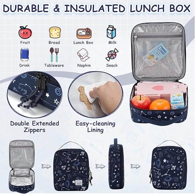 VASCHY Kids Backpack Lunch Bag Set, 2-1 School Bookbag Insulated Lunch Box for Toddlers,Preschool,Daycare,Kindergarten,Elementary School Navy