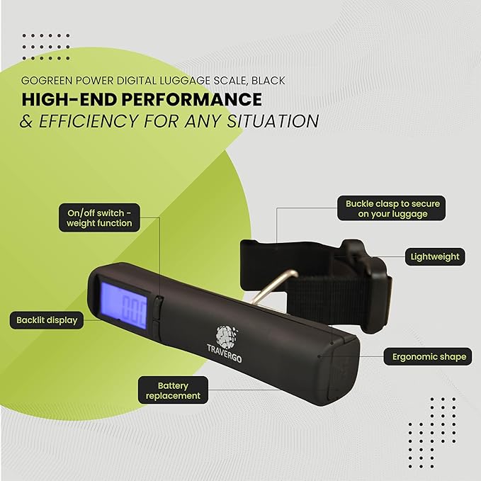 GoGreen Power (TR1320BK) Digital Luggage Scale, Digital Weighing Scale with Strap, Battery Powered Baggage Scale with Built-in lbs/kg Conversion, Measures up to 88 lbs / 39.9 kgs, Black