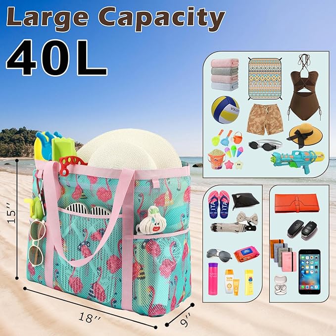 Fammart Mesh Beach Bag with Zipper, Large Beach Tote for Women, Toys Pool Swim Bag Travel Vacation Cruise Essentials